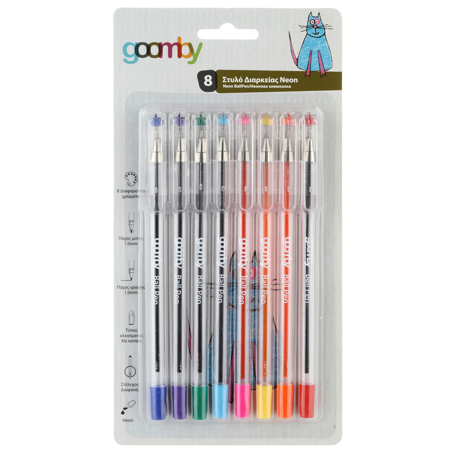 Goomby Στυλό Διαρκείας 8 Χρώματα Με Κλιπ & Πάχος Μύτης 1.0mm 8τεμ.