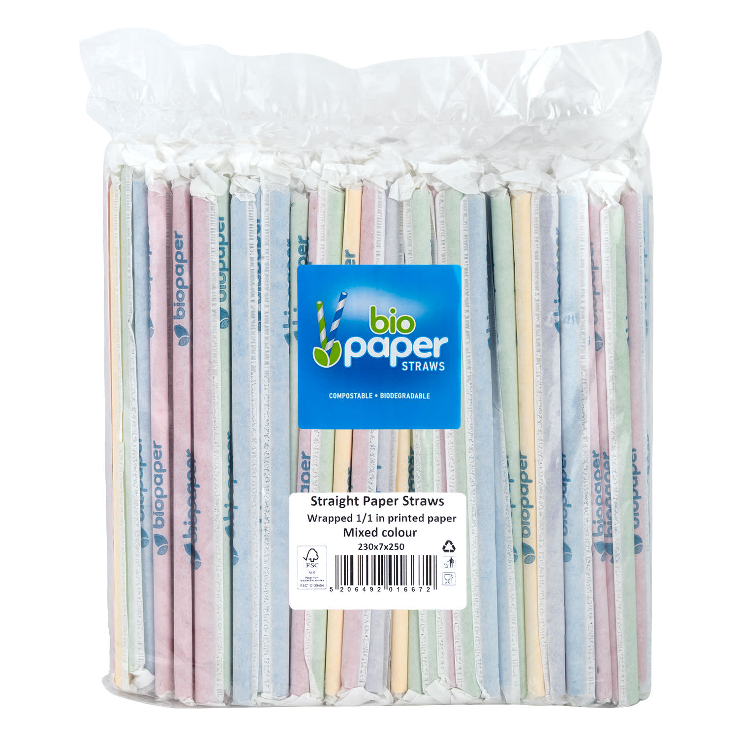 Bio Paper Καλαμάκια Χάρτινα Χρωματιστά Jumbo 1/1 7mm 250τεμ.