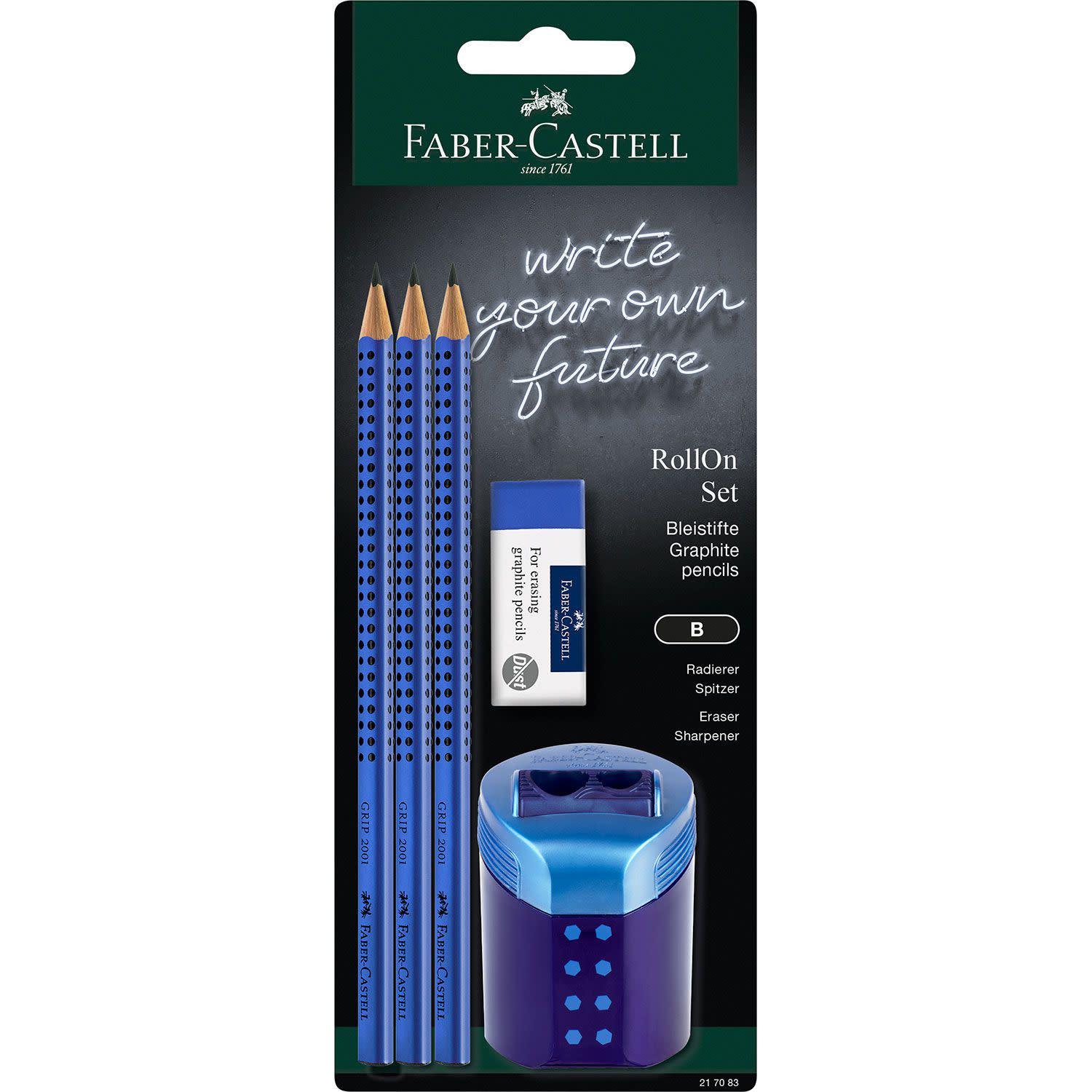 Faber Castell Μολύβια Grip 2001 Β 3τεμ. & Γόμα Dust Free & Ξύστρα Roll-on Μπλε