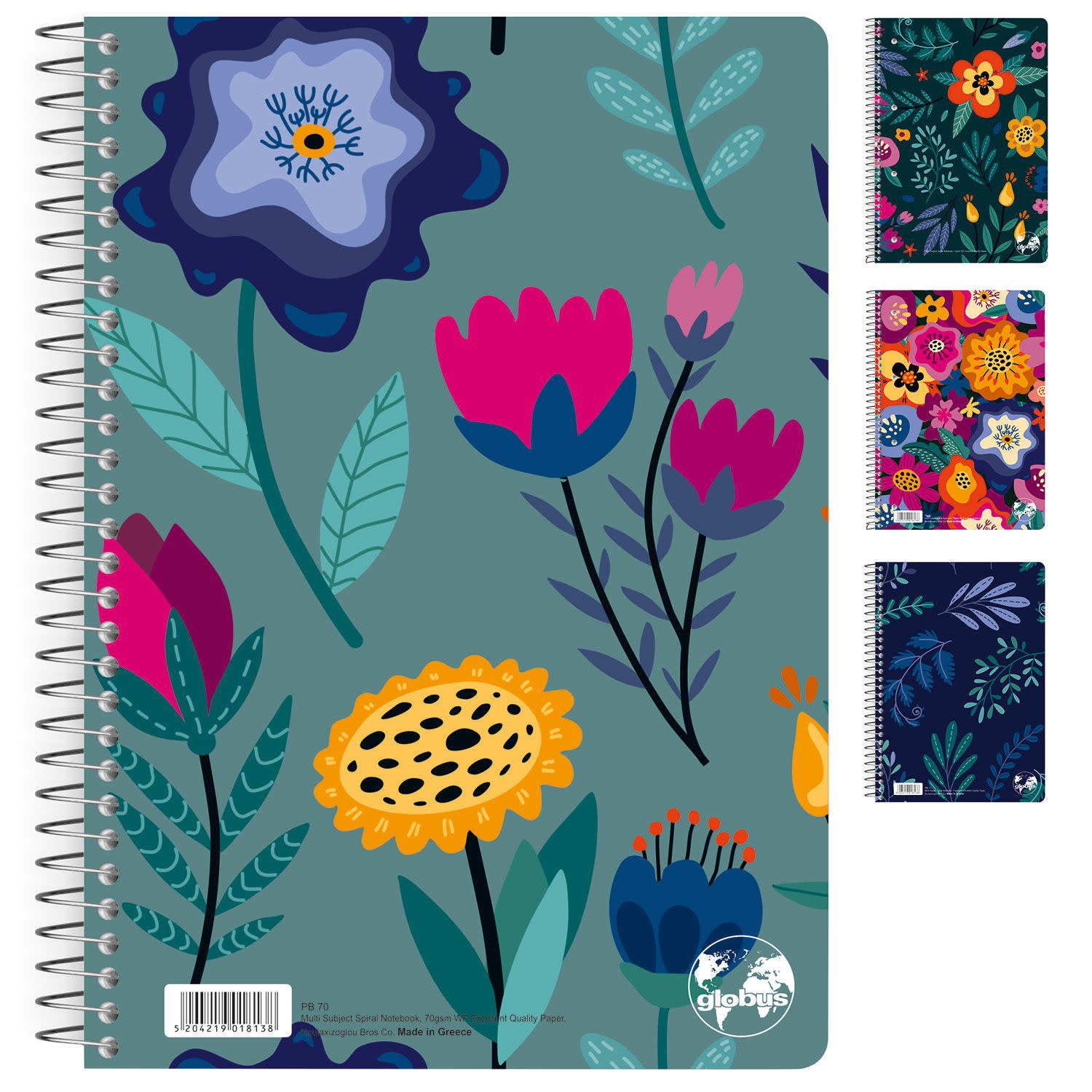 Globus Τετράδιο Σπιράλ Ριγέ 17x25cm 2 Θεμάτων Floral 60 Φύλλα