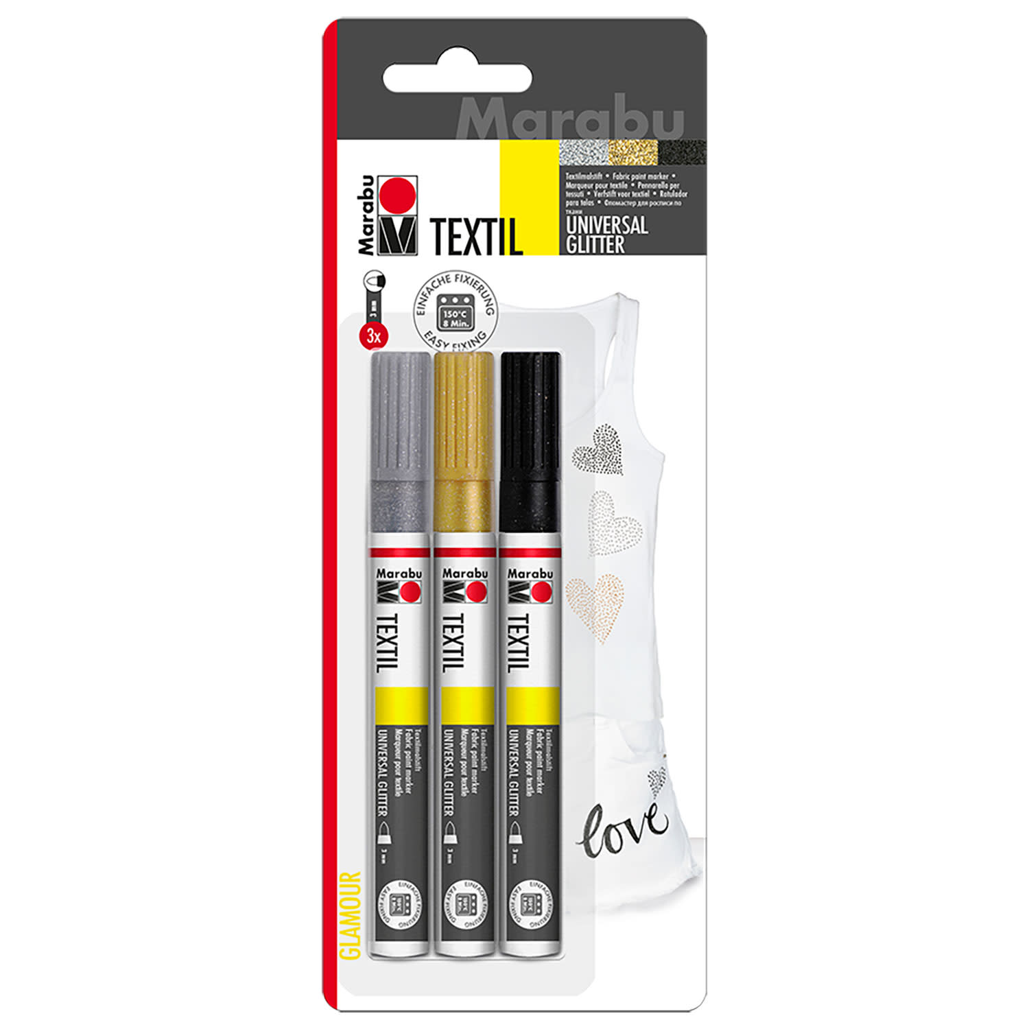 Marabu Μαρκαδόροι για Ύφασμα με στρογγυλή μύτη & Glitter 3mm 3τεμ.