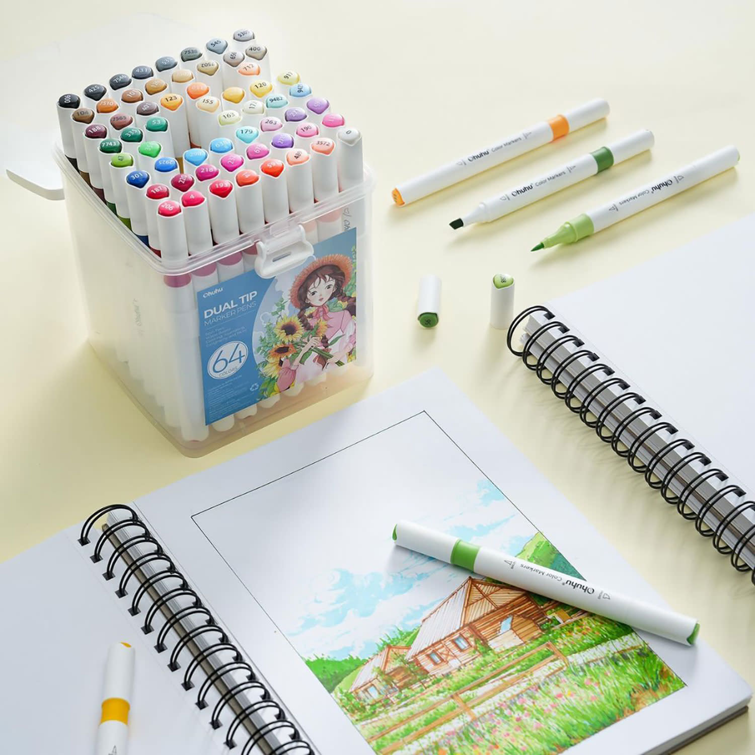 Εικόνα 5 του Ohuhu Μαρκαδόροι Ζωγραφικής Νερού  με διπλή μύτη Brush & Chisel 64τεμ.