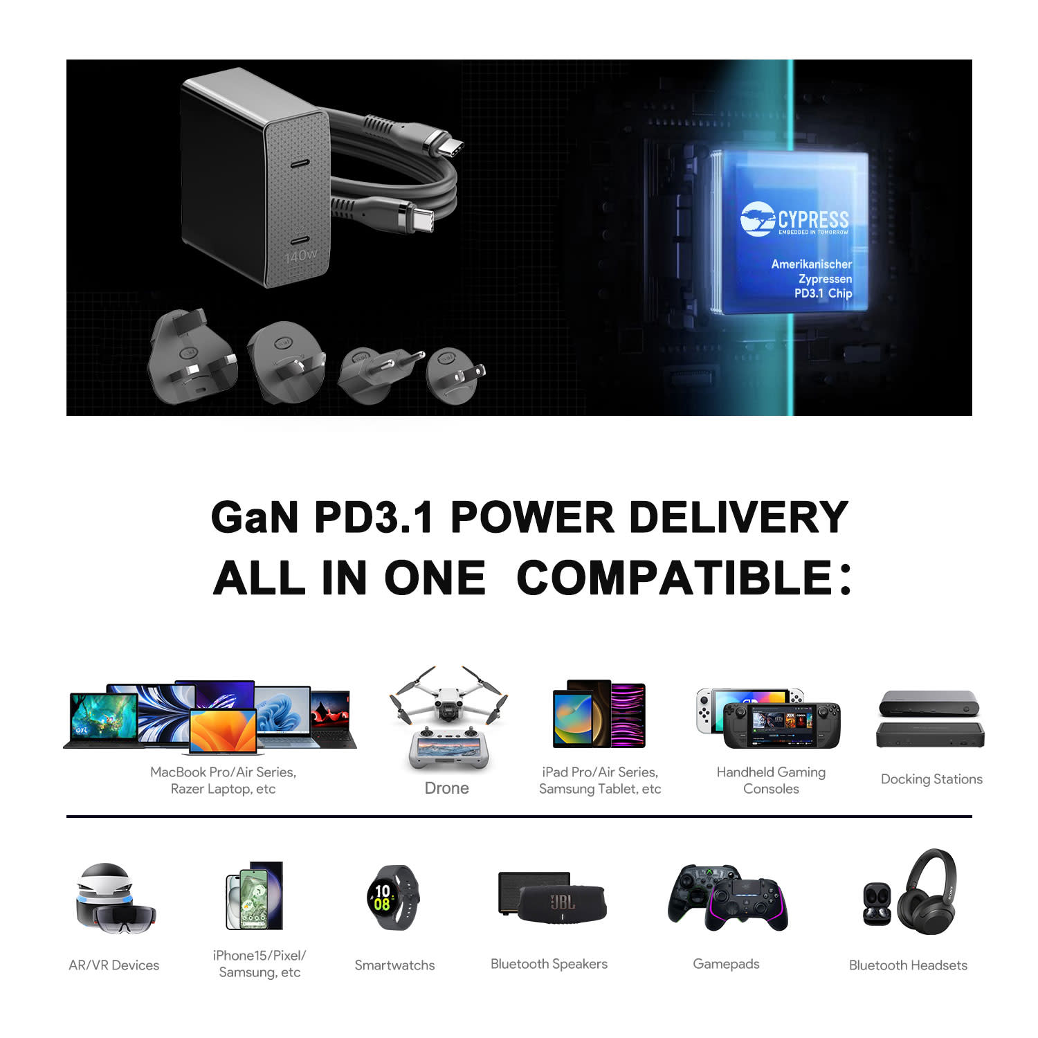Κάνε κλικ για να δεις την εικόνα 4 του Turbo-X Notebook GaN 140W 2 x USB-C Travel Charger