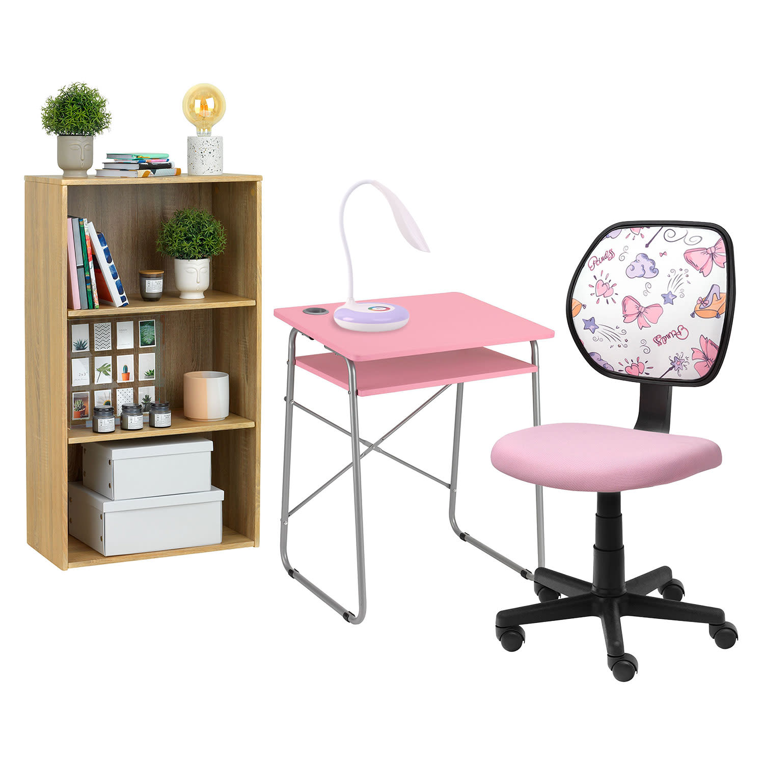 @Work Γραφείο Study Ροζ & Καρέκλα Bows & Βιβλιοθήκη Simple & Φωτιστικό Kidz