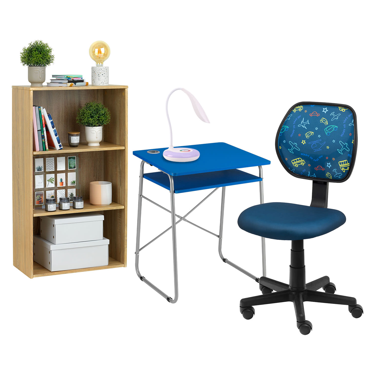 @Work Γραφείο Study Μπλε & Καρέκλα Travel & Βιβλιοθήκη Simple & Φωτιστικό Kidz