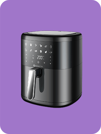 Μαύρη φριτέζα αέρος (air fryer) με ψηφιακό πίνακα ελέγχου και προεπιλεγμένες λειτουργίες μαγειρέματος