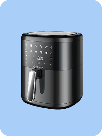 Μαύρη φριτέζα αέρος (air fryer) με ψηφιακό πίνακα ελέγχου και προεπιλεγμένες λειτουργίες μαγειρέματος