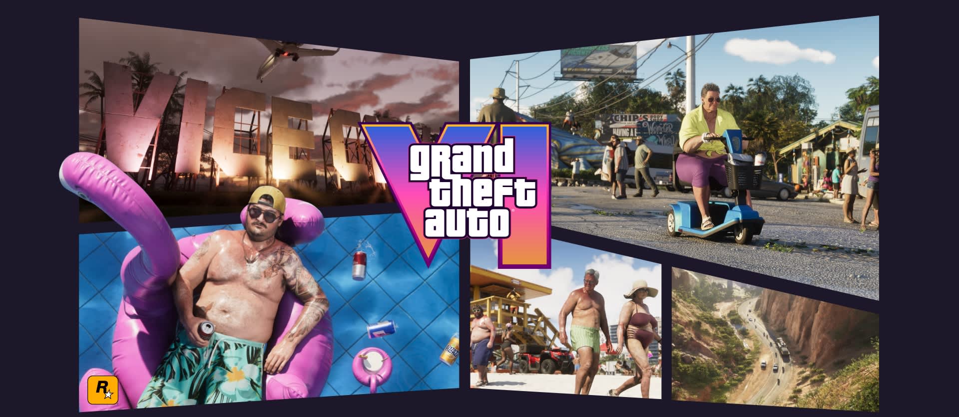 Grand Theft Auto VI key art featuring a collage of scenes from Vice City: a man relaxing on a pink flamingo pool float, the illuminated VICE city sign at dusk, a heavyset man riding a mobility scooter in a colorful street market, an elderly couple walking on a beach, and an aerial view of a mountain road. The GTA VI logo is centered over the collage against a dark blue background.