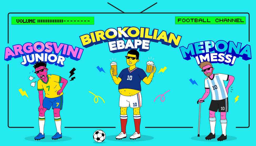 Birokoilian Ebape Football Channel - Καρικατούρες τριών ποδοσφαιριστών: Argosvini Junior, Birokoilian Ebape και Merona Imessi