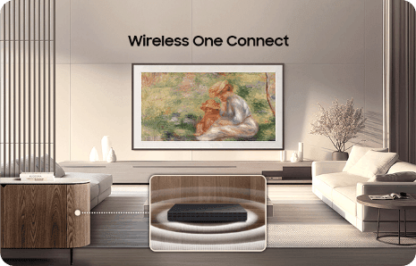 Wireless One Connect: η The Frame στον τοίχο και η ασύρματη μονάδα τοποθετημένη ξεχωριστά σε έπιπλο, χωρίς καλώδια προς την τηλεόραση