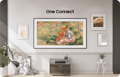 One Connect: η The Frame στον τοίχο ανάμεσα σε κορνίζες, με ένα διακριτικό καλώδιο One Connect προς τη μονάδα στο έπιπλο