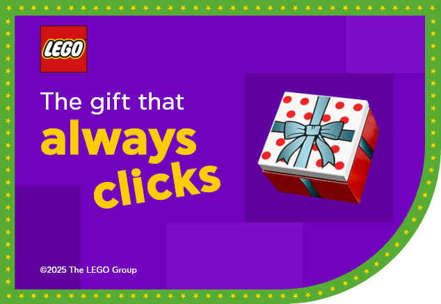 Λογότυπο LEGO και κείμενο 'The gift that always clicks'