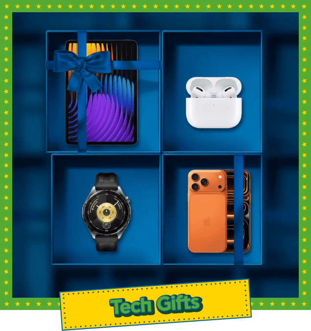 Κουτιά δώρων με Tech προϊόντα: Tablet, ασύρματα ακουστικά AirPods, smartwatch, και smartphone, ιδανικά δώρα τεχνολογίας