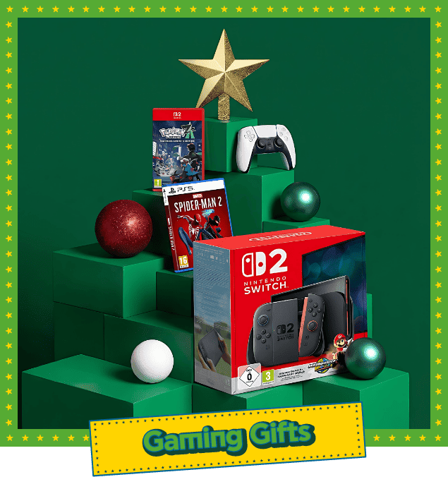 Κουτιά δώρων με Gaming προϊόντα: Κονσόλα Nintendo Switch, χειριστήριο PS5, και παιχνίδια, ιδανικά δώρα για gamers