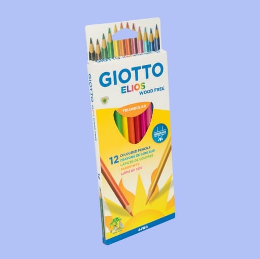 Κουτί με 12 ξυλομπογιές Giotto Elios Wood Free, σε διάφορα χρώματα, ιδανικές για ζωγραφική.