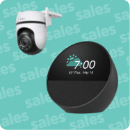 Smart ηχείο και κάμερα ασφαλείας σε φόντο με “sales”
