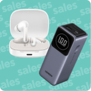 Ακουστικά και powerbank σε φόντο sales
