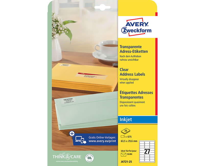 Avery Zweckform Ετικέτες Διαφανείς Α4 J4721-25 ( 63.5 x 29.6 mm )